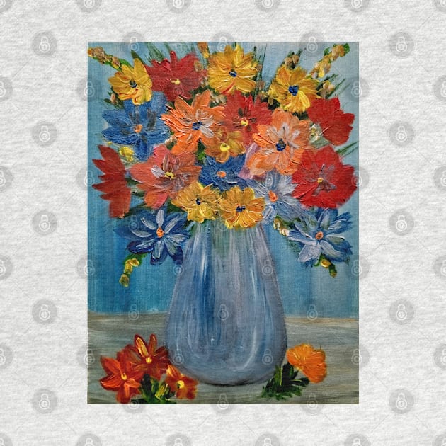 abstract vibrant colorful flowers in a glass vase with silver accent . by kkartwork